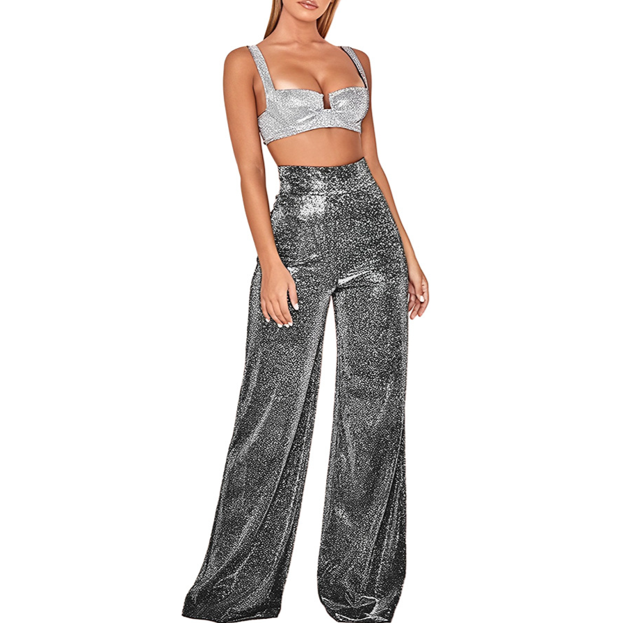 Pour femme - Pantalon taille haute pailleté coupe large élégante