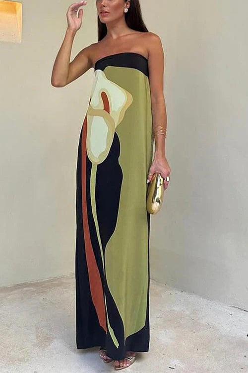 Robe longue sans bretelles en tissu léger à imprimé abstrait