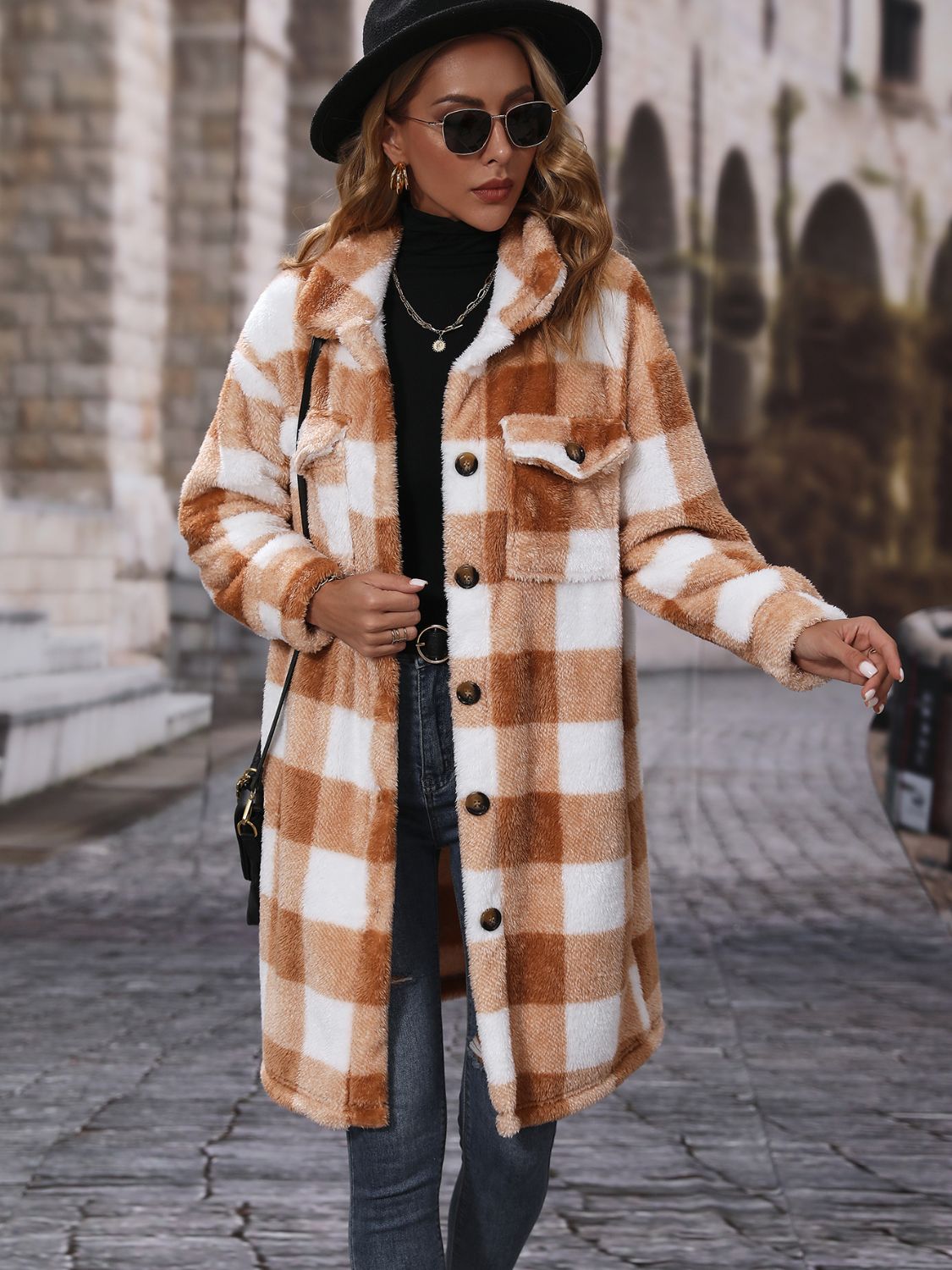 Femme Veste Longue à Carreaux avec Fermeture Boutonnée Élégante