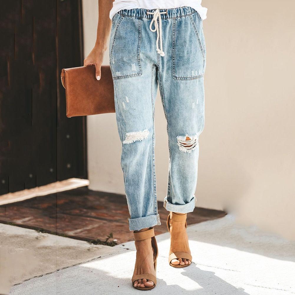 Pantalon jogger en denim à taille élastique et coupe décontractée
