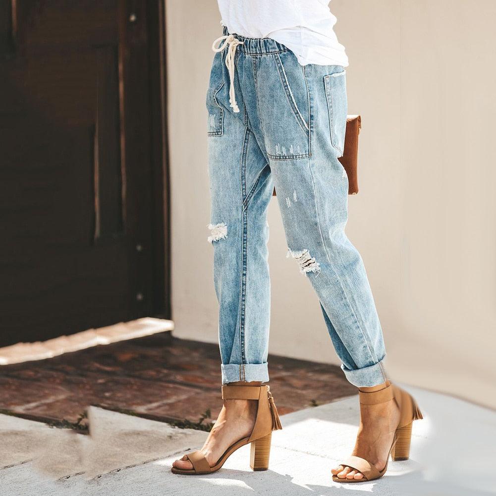 Pantalon jogger en denim à taille élastique et coupe décontractée
