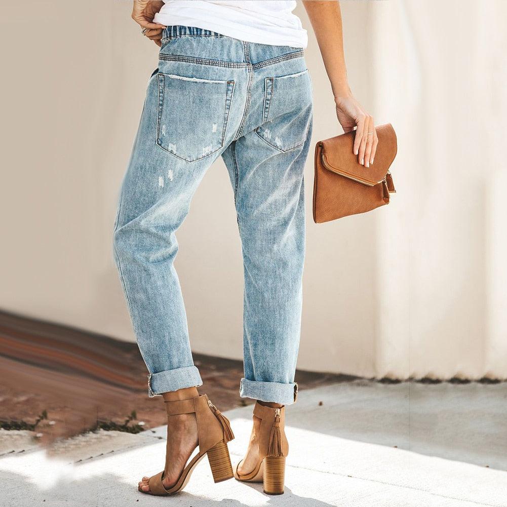 Pantalon jogger en denim à taille élastique et coupe décontractée