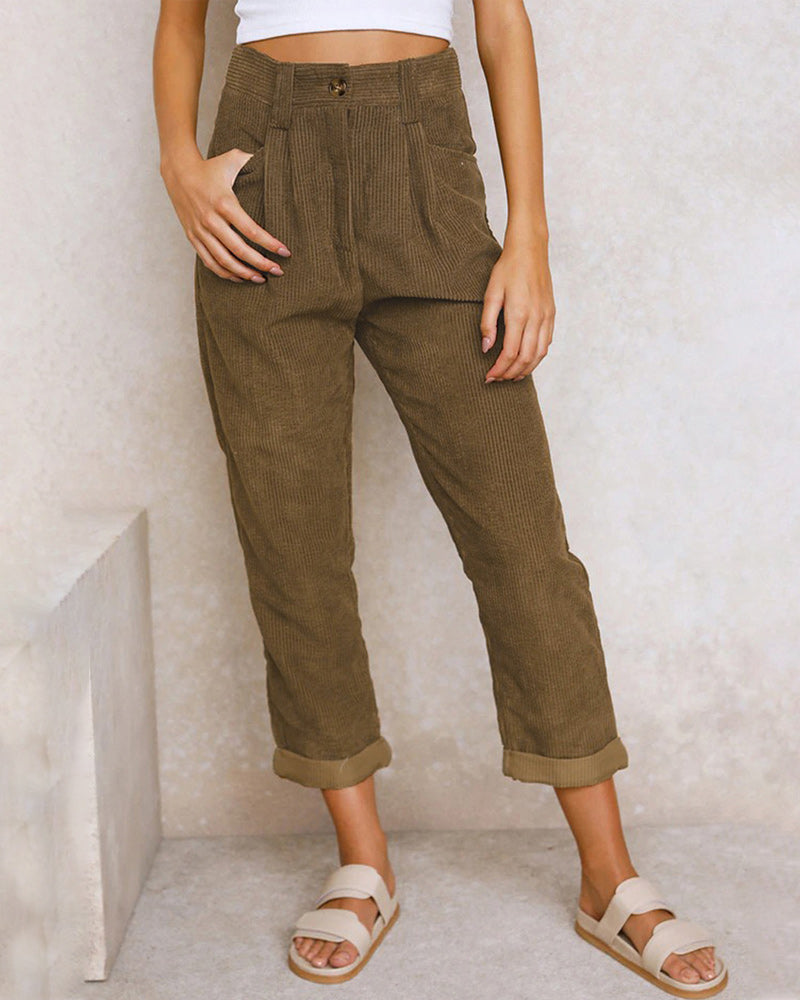 Pour femme - Pantalon taille haute à pinces coupe décontractée ourlet revers