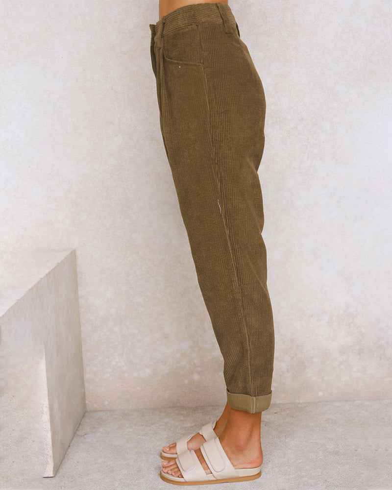 Pour femme - Pantalon taille haute à pinces coupe décontractée ourlet revers