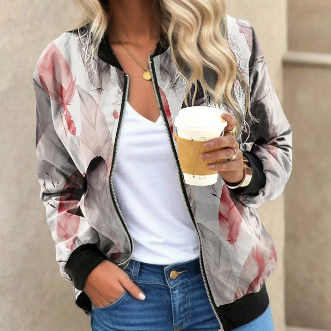 Women's Veste Bomber Décontractée à Imprimé Botanique et Zip