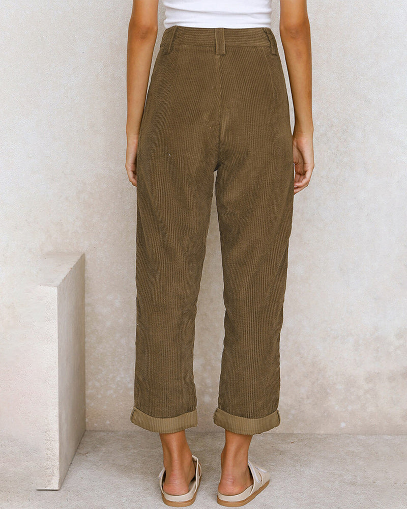 Pour femme - Pantalon taille haute à pinces coupe décontractée ourlet revers