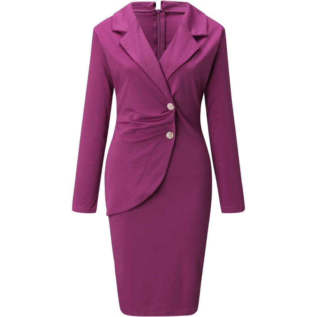 Femmes Robe Blazer Ajustée à Fermeture Boutonnée et Manches Longues
