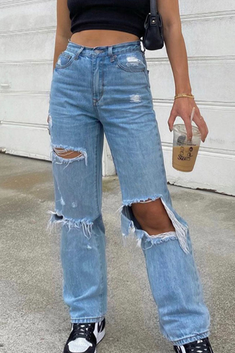 Pantalon taille haute déchiré coupe slim pour femme
