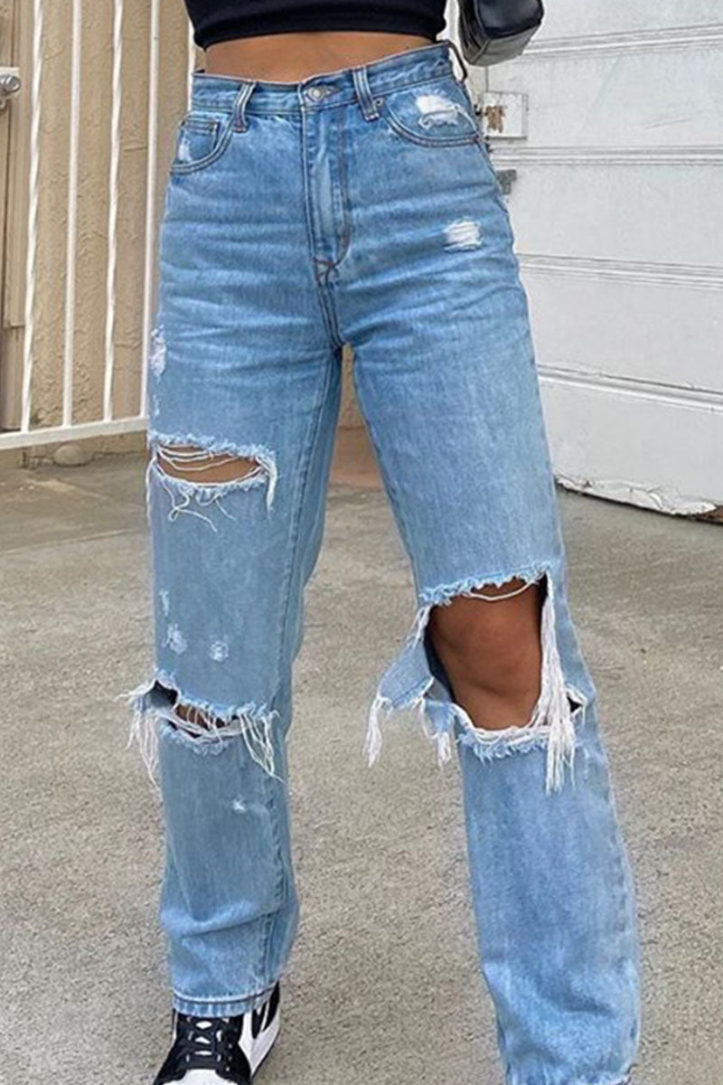 Pantalon taille haute déchiré coupe slim pour femme