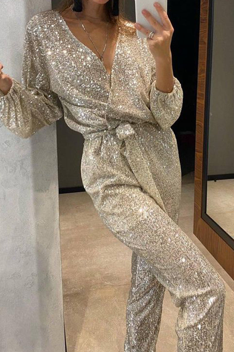 Pour femme - Combinaison bandage à sequins col V coupe élégante
