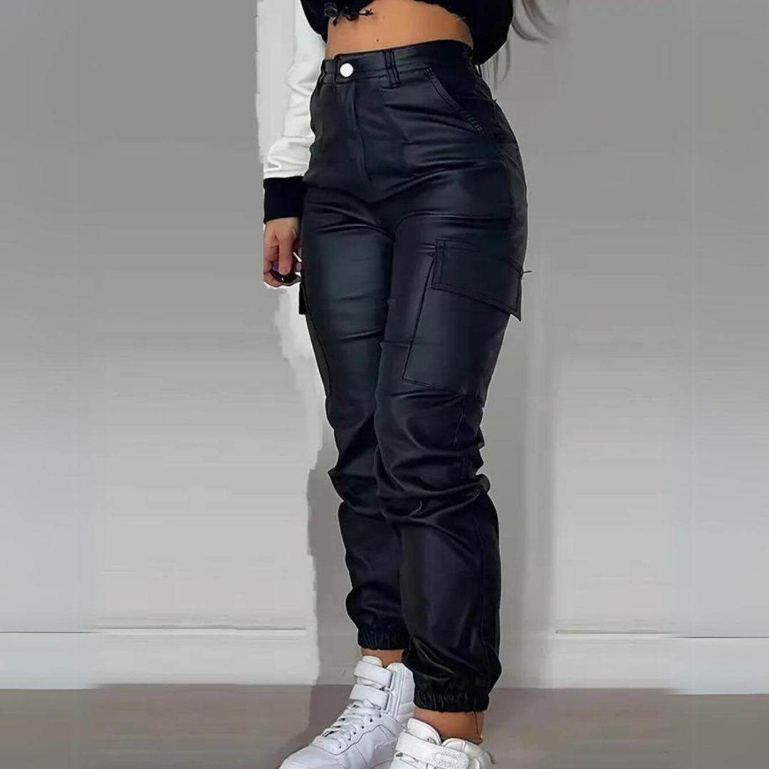Pantalon cargo décontracté ajusté en similicuir pour femme