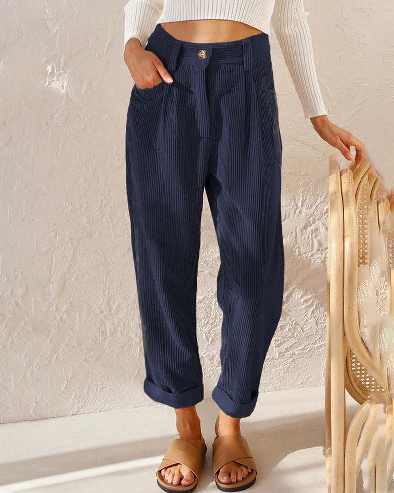 Pour femme - Pantalon taille haute à pinces coupe décontractée ourlet revers
