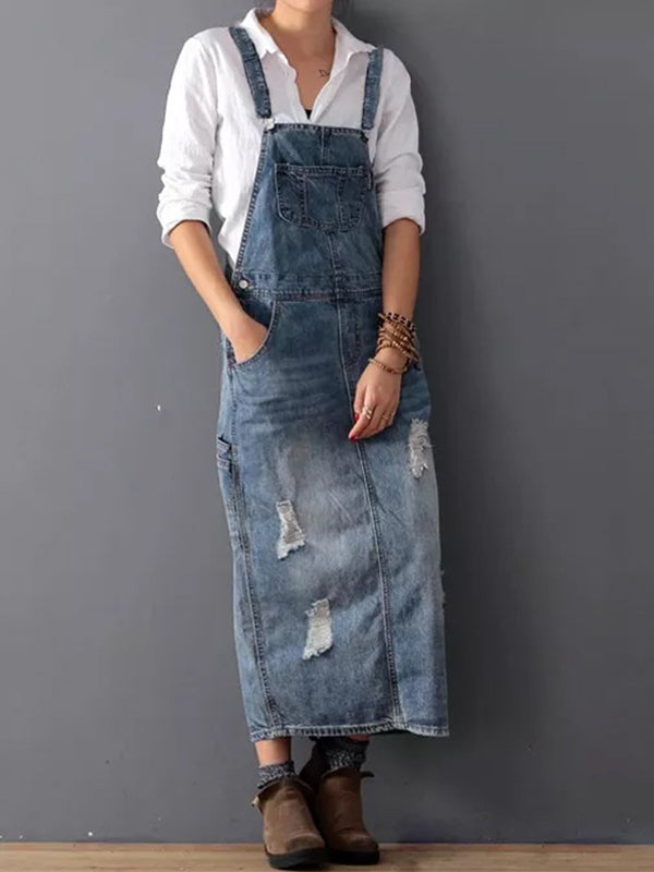 Robe Midi en Jean Décontractée à Bretelles Réglables pour Femme