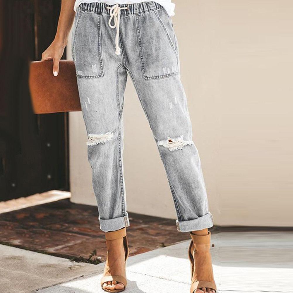 Pantalon jogger en denim à taille élastique et coupe décontractée