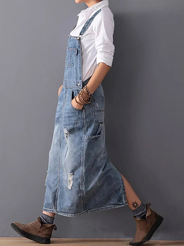 Robe Midi en Jean Décontractée à Bretelles Réglables pour Femme