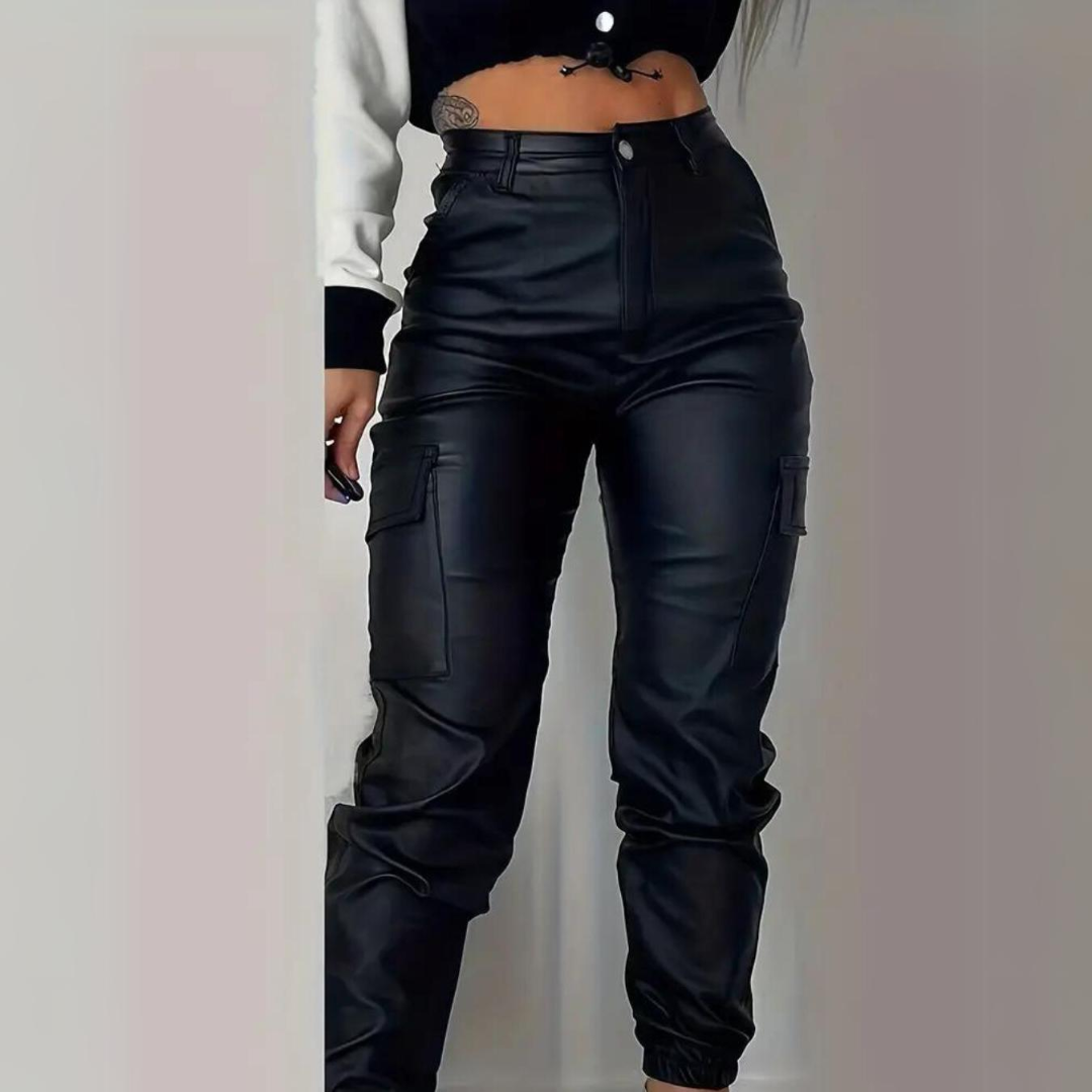 Pantalon cargo décontracté ajusté en similicuir pour femme