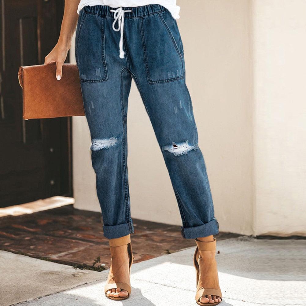 Pantalon jogger en denim à taille élastique et coupe décontractée
