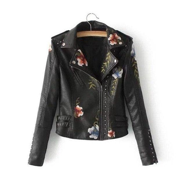 Veste Décontractée Femme en Similicuir – Motif Floral Élégant