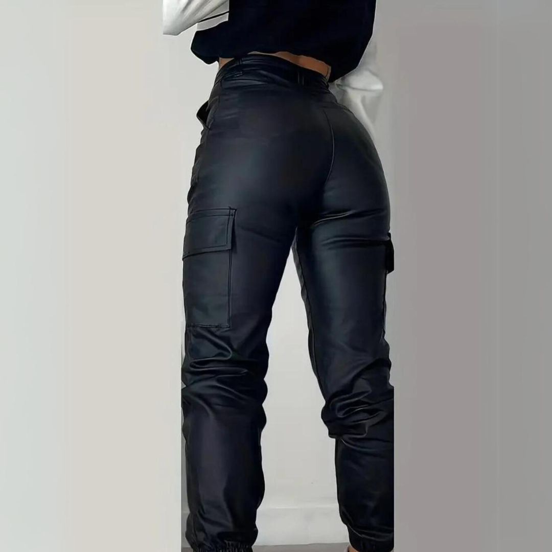 Pantalon cargo décontracté ajusté en similicuir pour femme