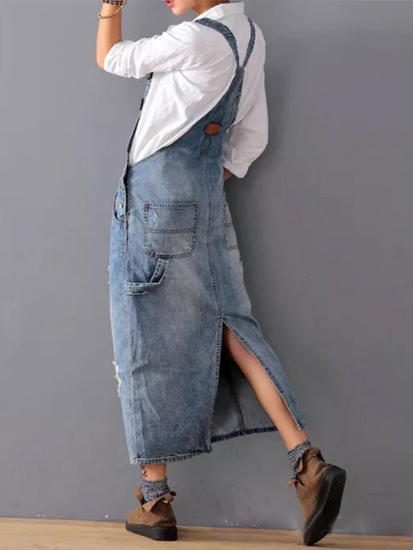 Robe Midi en Jean Décontractée à Bretelles Réglables pour Femme