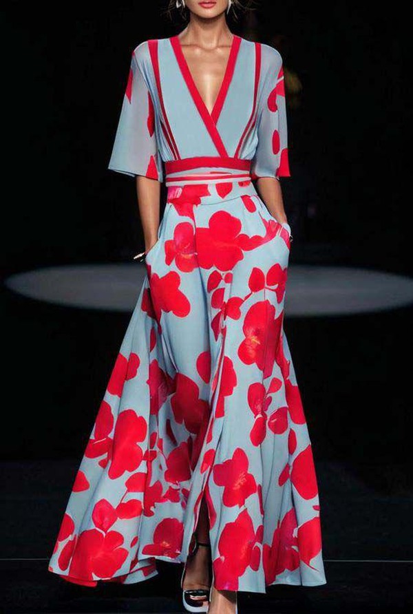 Robe Longue Femme à Décolleté Plongeant, Manches au Coude et Jupe Fluide avec Poches
