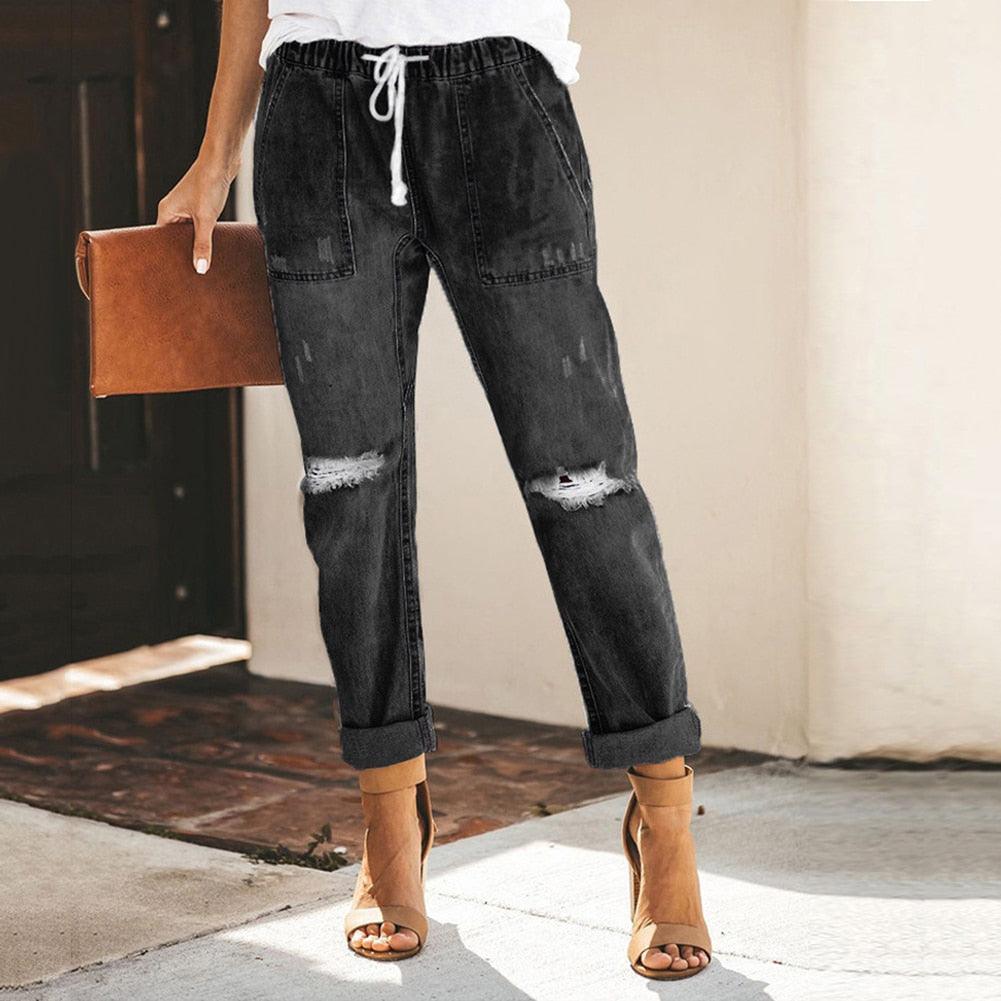 Pantalon jogger en denim à taille élastique et coupe décontractée
