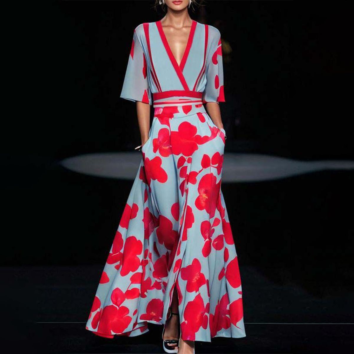 Robe Longue Femme à Décolleté Plongeant, Manches au Coude et Jupe Fluide avec Poches