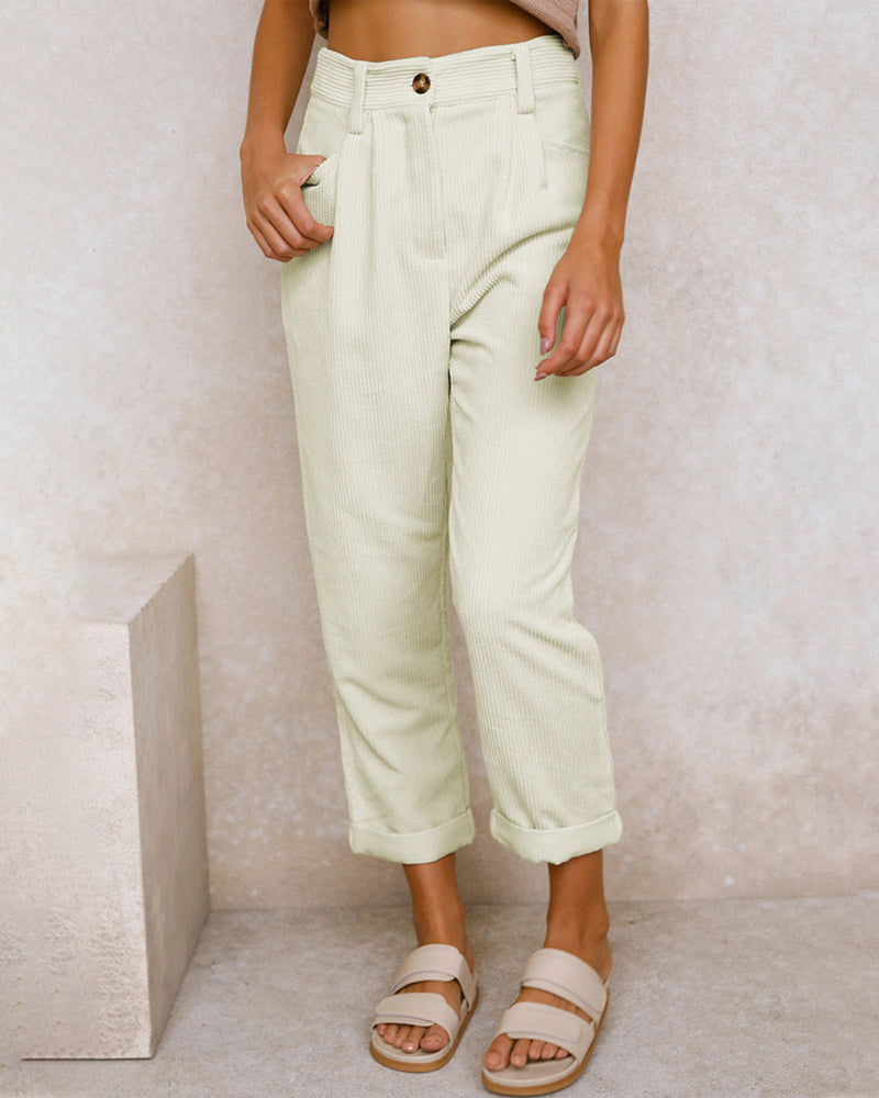 Pour femme - Pantalon taille haute à pinces coupe décontractée ourlet revers