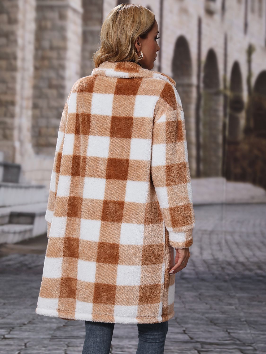 Femme Veste Longue à Carreaux avec Fermeture Boutonnée Élégante