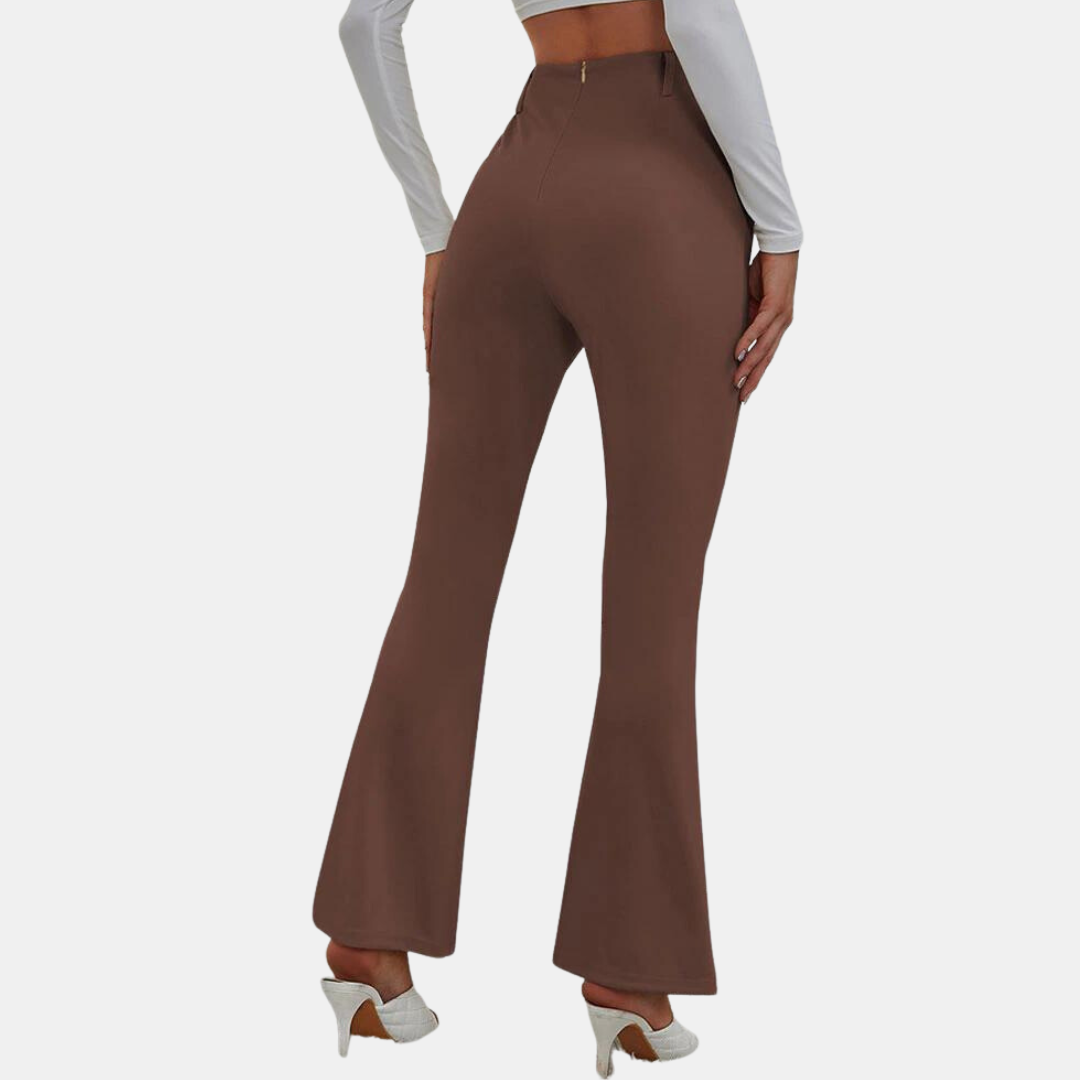 Women's High-Waisted Flare Trousers - Slim Fit - Stretch Fabric - Front Slit Hem