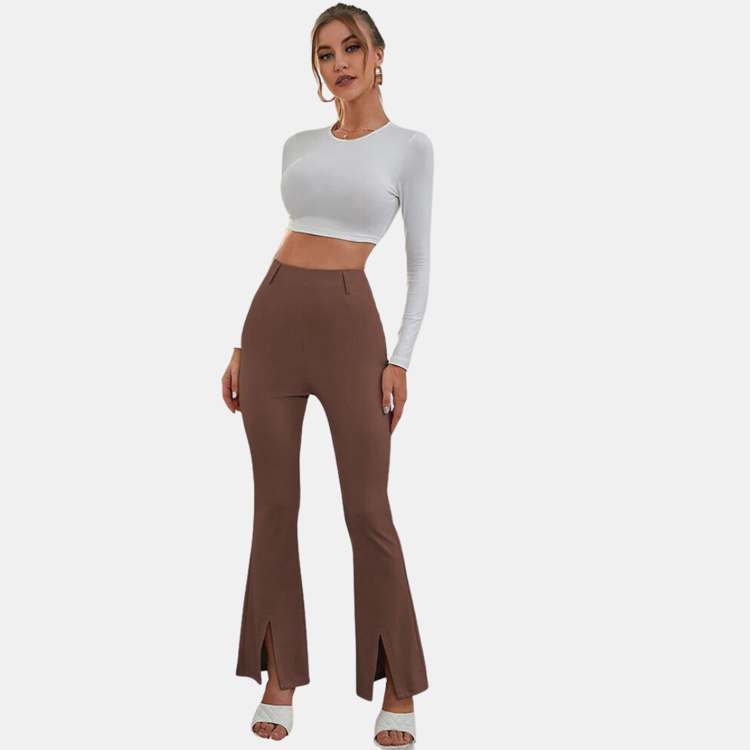 Women's High-Waisted Flare Trousers - Slim Fit - Stretch Fabric - Front Slit Hem