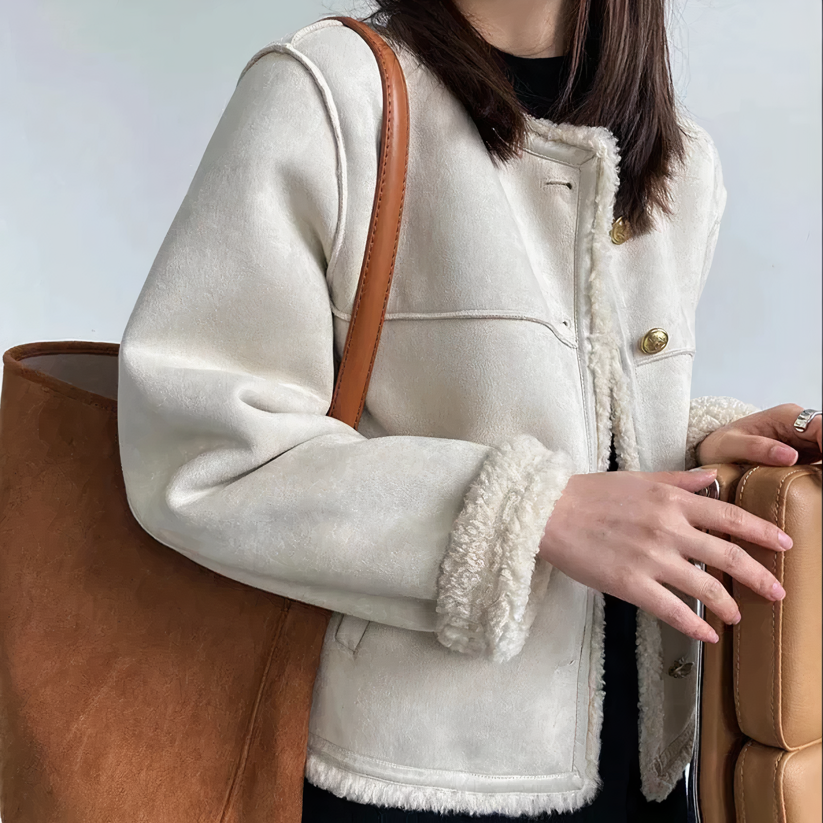 Femme Veste Sherpa à Manches Longues et Col Haut
