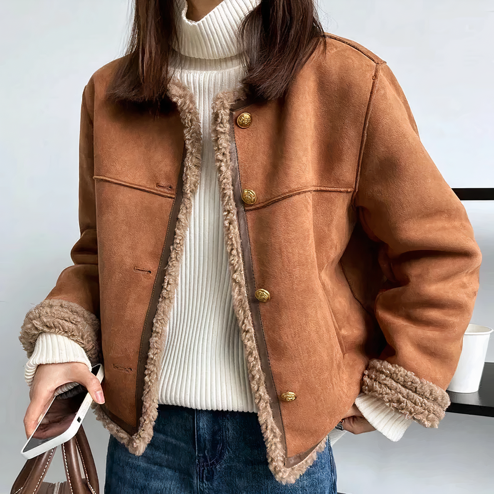 Femme Veste Sherpa à Manches Longues et Col Haut
