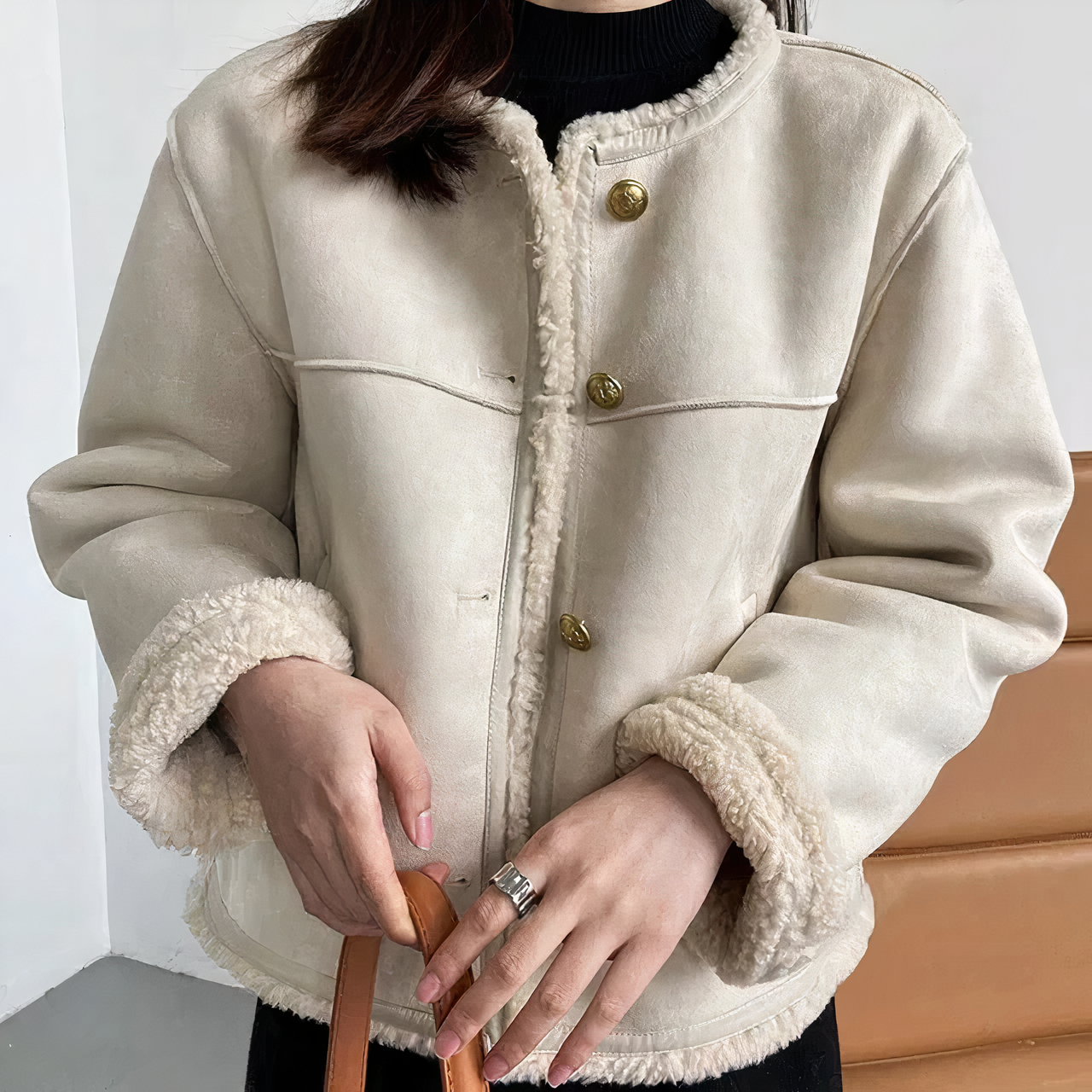 Femme Veste Sherpa à Manches Longues et Col Haut