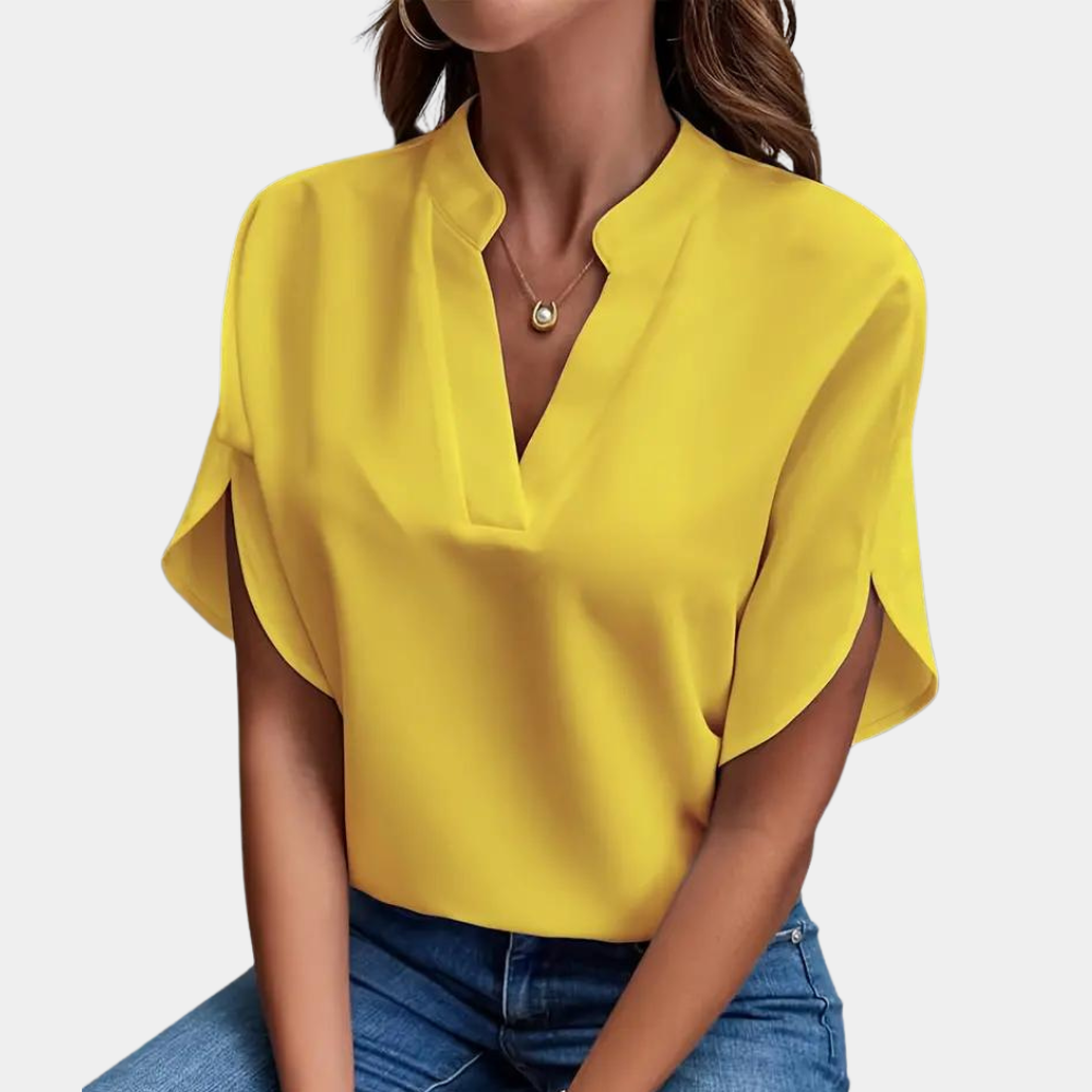 Blouse Femme Légère – Col Montant avec Encolure en V et Manches Courtes