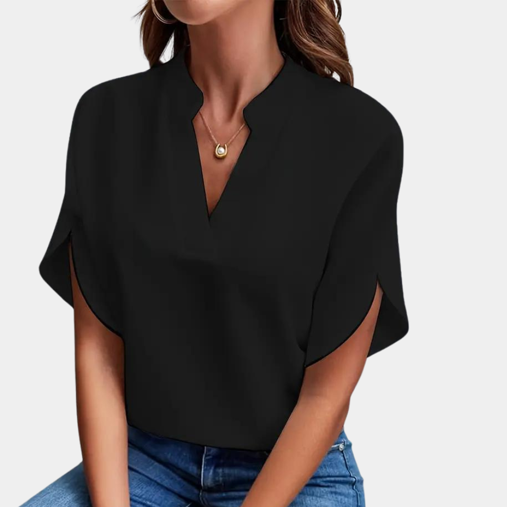 Blouse Femme Légère – Col Montant avec Encolure en V et Manches Courtes