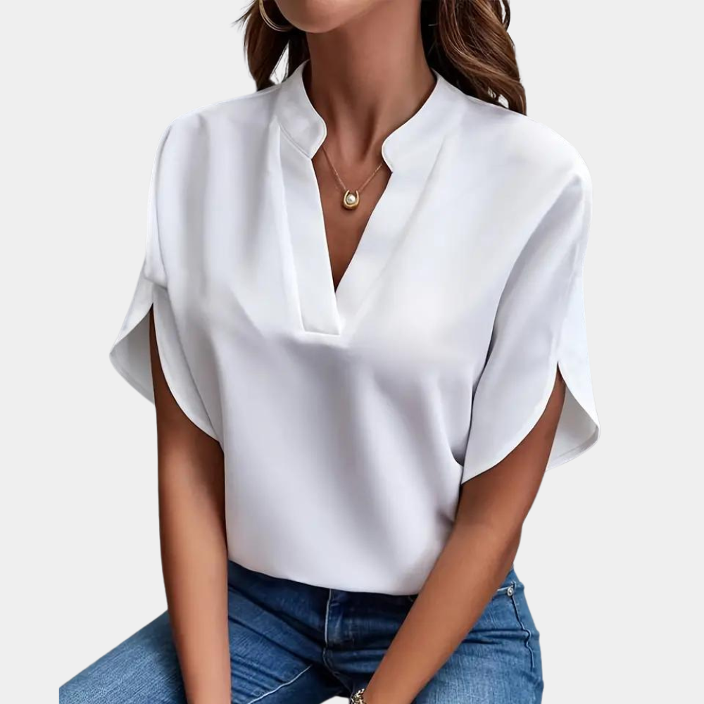 Blouse Femme Légère – Col Montant avec Encolure en V et Manches Courtes