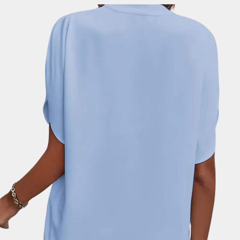 Blouse Femme Légère – Col Montant avec Encolure en V et Manches Courtes