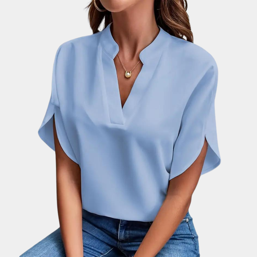 Blouse Femme Légère – Col Montant avec Encolure en V et Manches Courtes