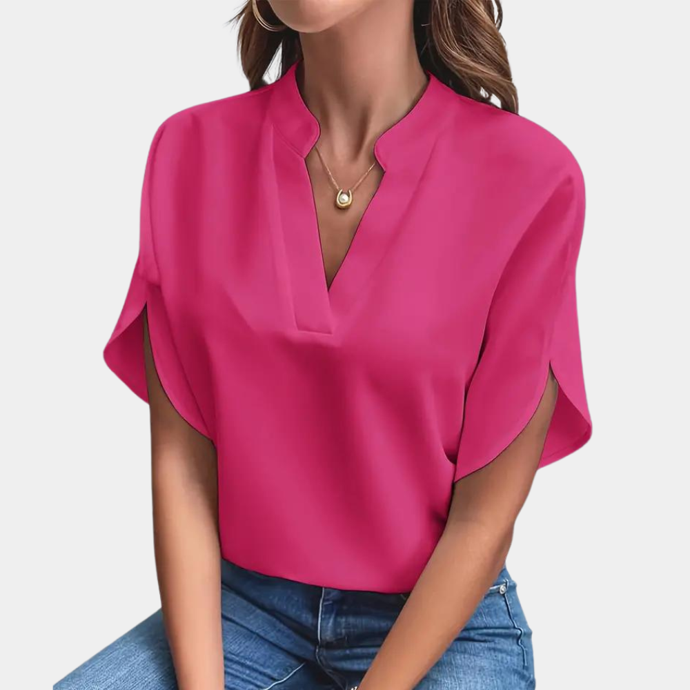 Blouse Femme Légère – Col Montant avec Encolure en V et Manches Courtes