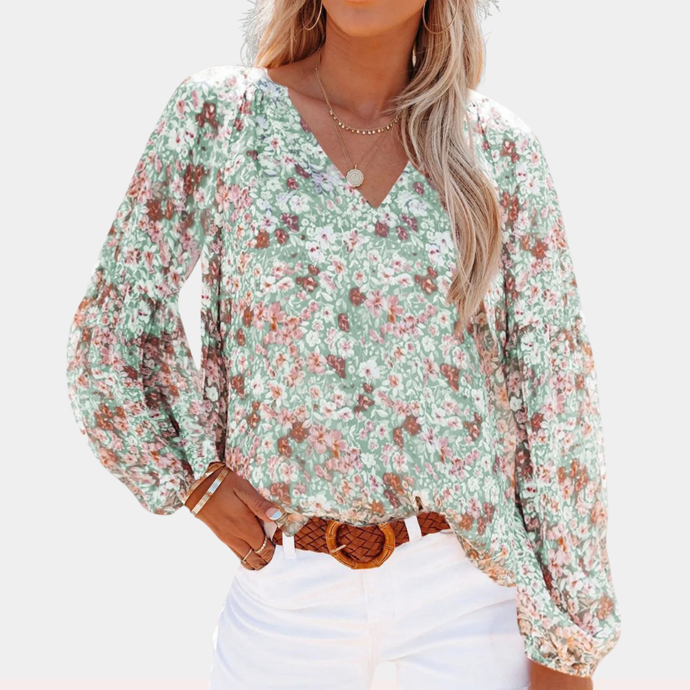 Blouse Femme Fleurie Légère – Manches Longues et Col en V