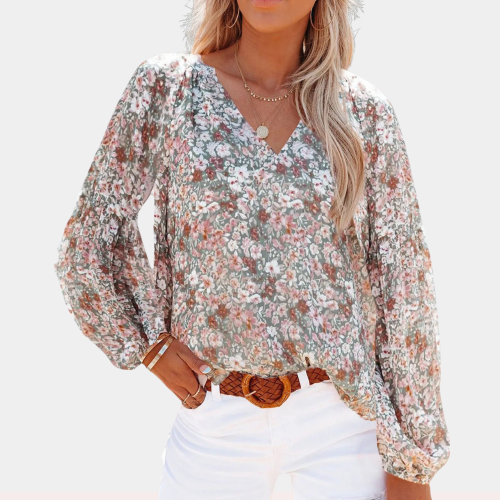 Blouse Femme Fleurie Légère – Manches Longues et Col en V