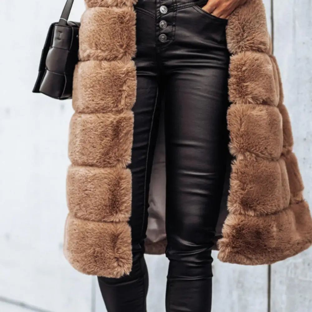 Gilet Long Sans Manches pour Femmes en Fausse Fourrure à Ouverture Libre
