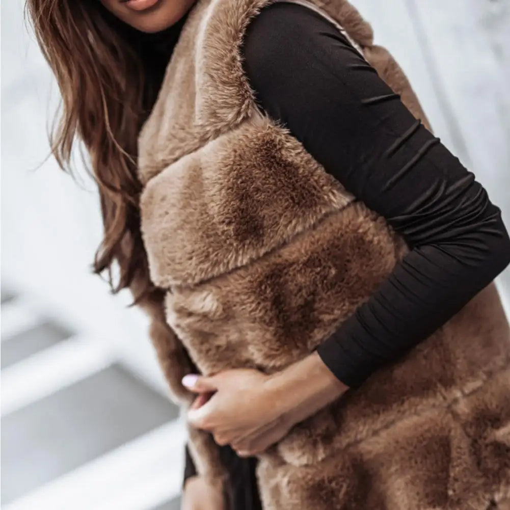 Gilet Long Sans Manches pour Femmes en Fausse Fourrure à Ouverture Libre