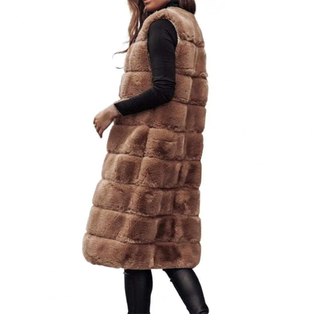 Gilet Long Sans Manches pour Femmes en Fausse Fourrure à Ouverture Libre