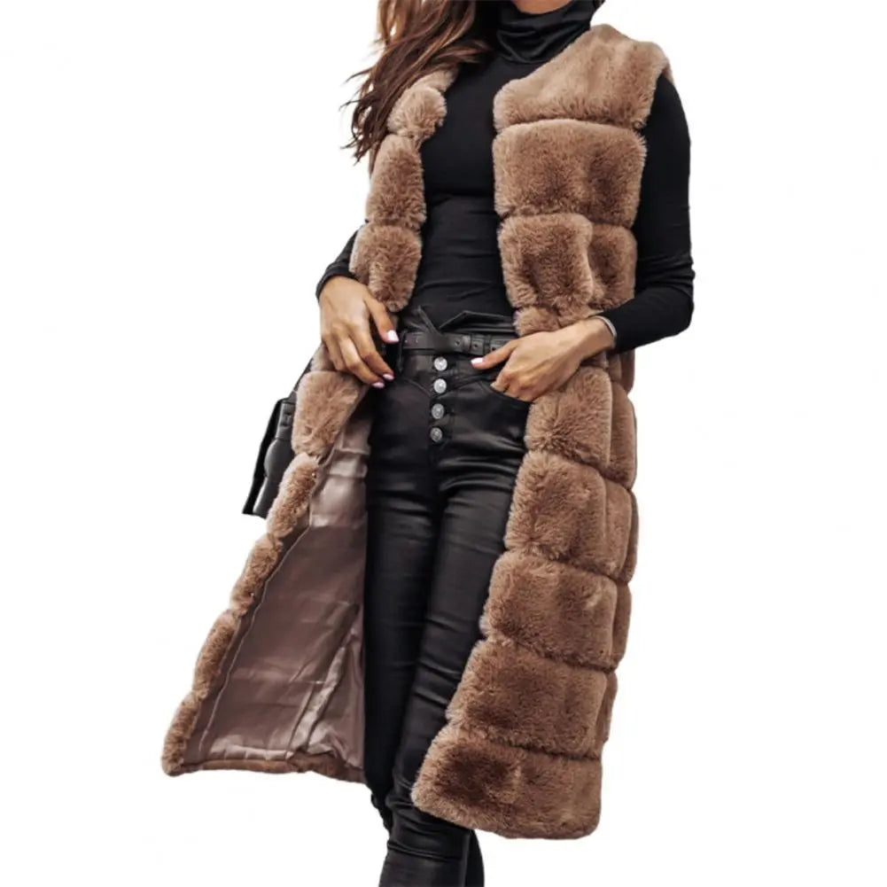 Gilet Long Sans Manches pour Femmes en Fausse Fourrure à Ouverture Libre