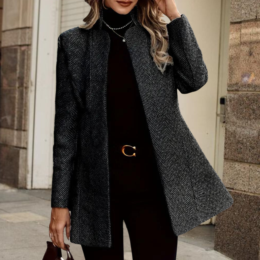 Femme Manteau Long à Boutonnage Simple et Revers Crantés