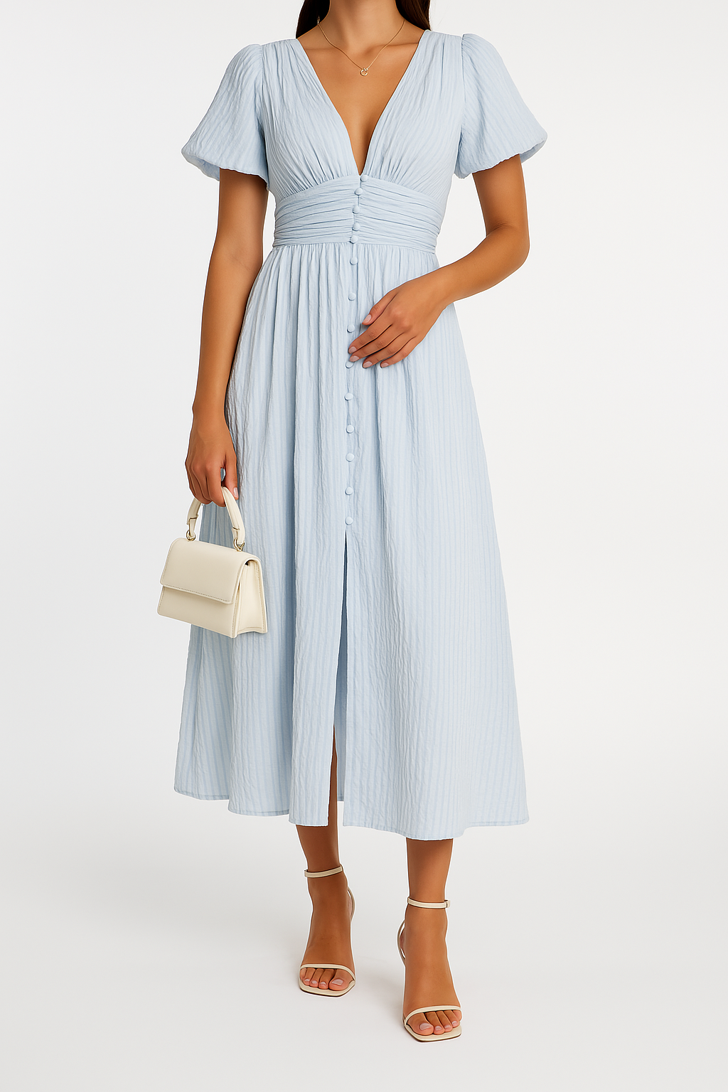 Robe Longue Femme à Carreaux, Manches Bouffantes et Décolleté en V