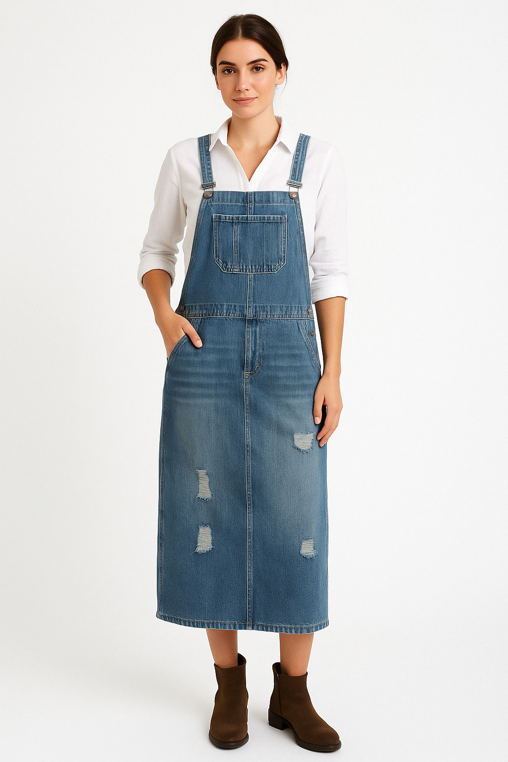 Robe Midi en Jean Décontractée à Bretelles Réglables pour Femme