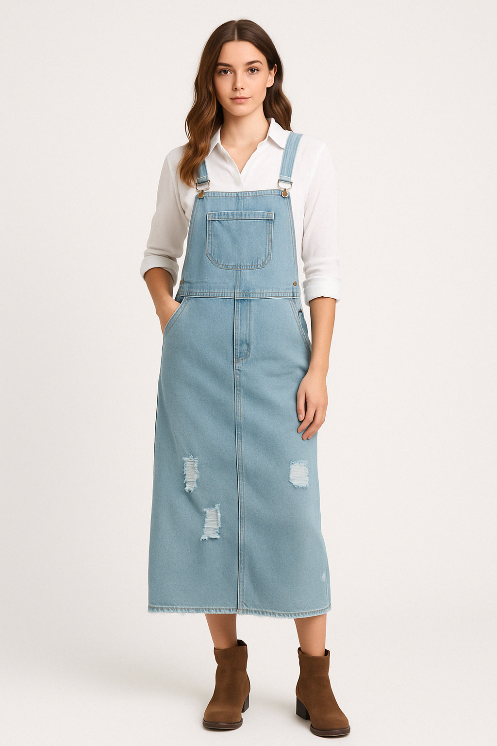 Robe Midi en Jean Décontractée à Bretelles Réglables pour Femme